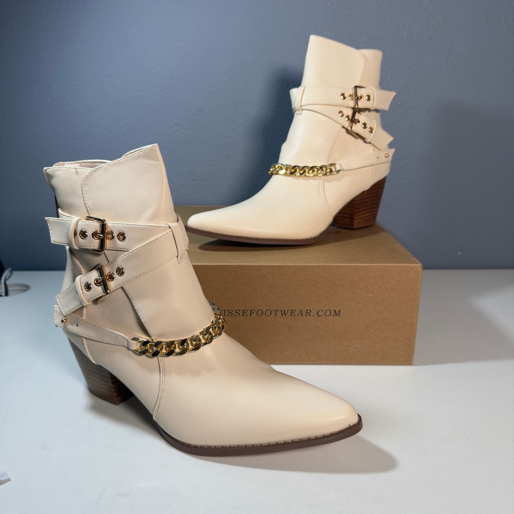 Coconuts by Matisse Jill Ankle Boots Gold Buckle Chain Booties Womens 8.5 Ivory